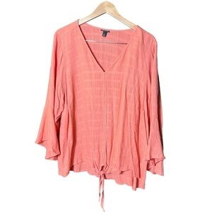 Torrid Coral Textured Woven Tie Front Bell Sleeve‎ V Neck Top 4X